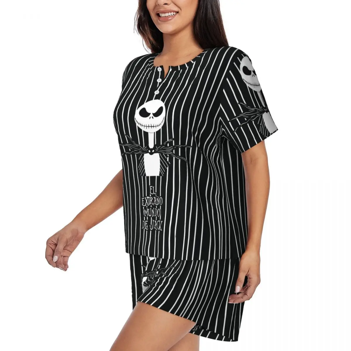 مخصص تيم بيرتون عيد الميلاد فيلم الرعب بيجامة مجموعات النساء 2 قطعة هالوين الجمجمة جاك قصيرة الأكمام Pjs السراويل ملابس خاصة #2