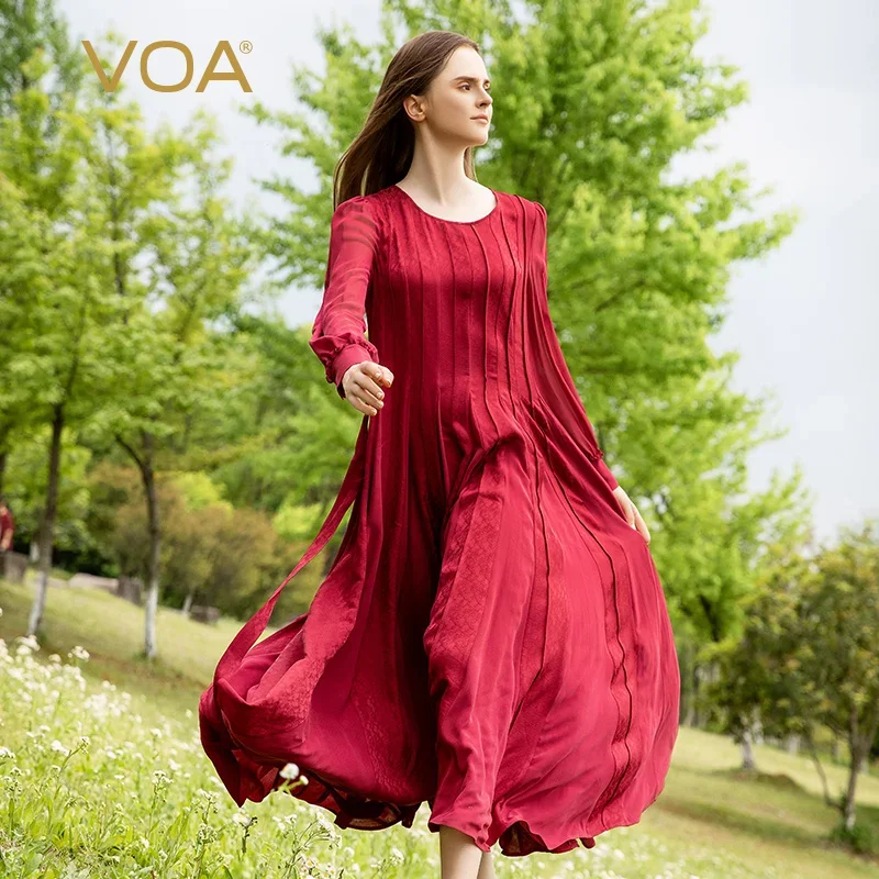 

VOA Silk Jacquard Luoxia Red Round Neck Long-sleeved Georgette Fabric Stitching Fungus Edge Age-reducing Design Dress AE1273