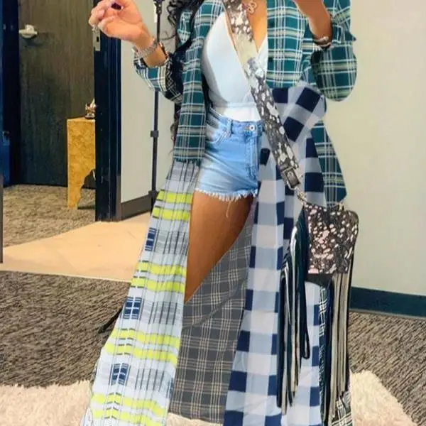 

Men's Plaid Print Button Front Coat Women's Ci Walk Thin PU Leather Sve T-irt Waist Cinched Sle Non-Fading