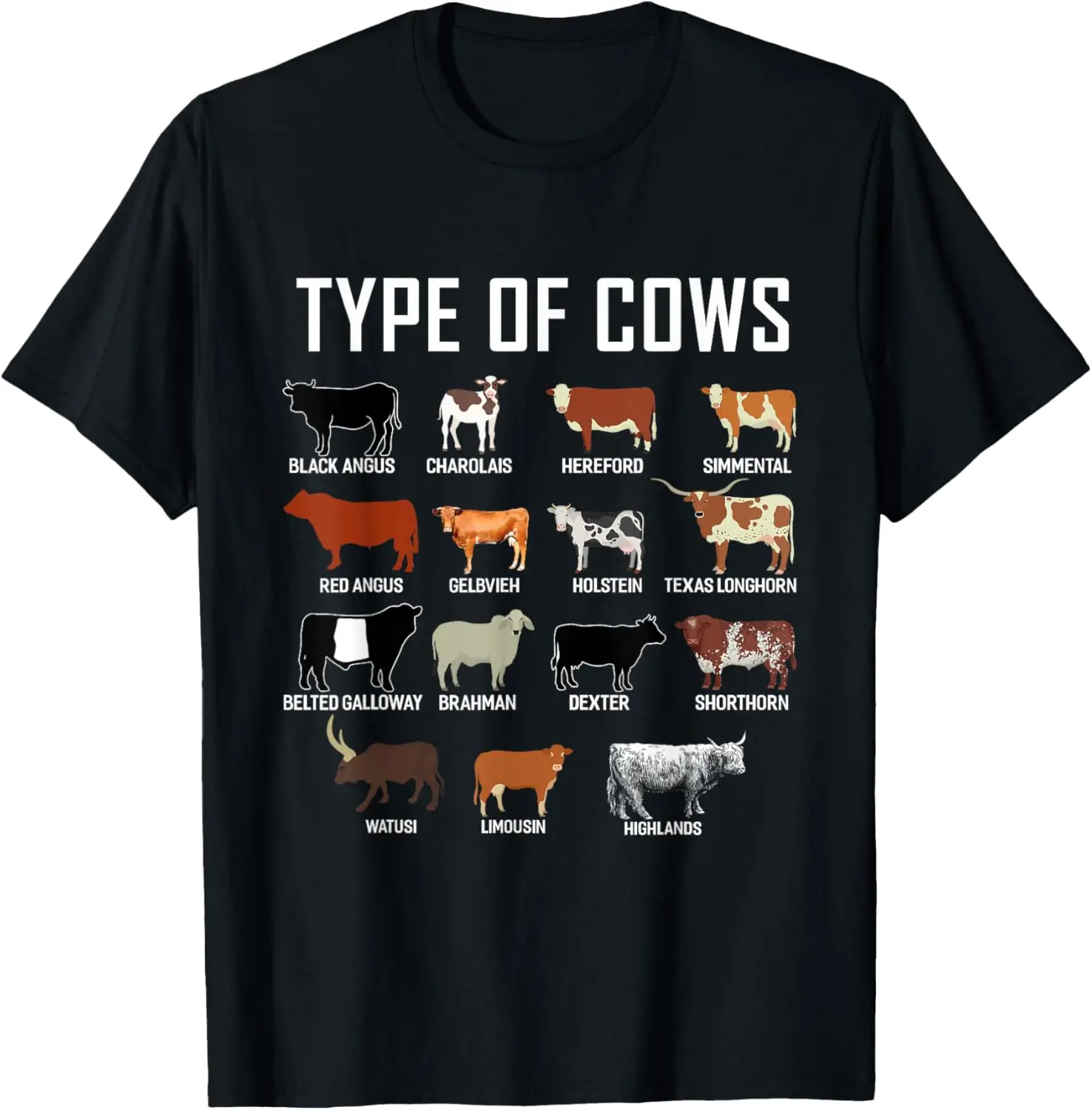 

Types Of Cows Graphic Tee Shirt Farm Animal Breeds Collection Cotton T-Shirt for Farmers