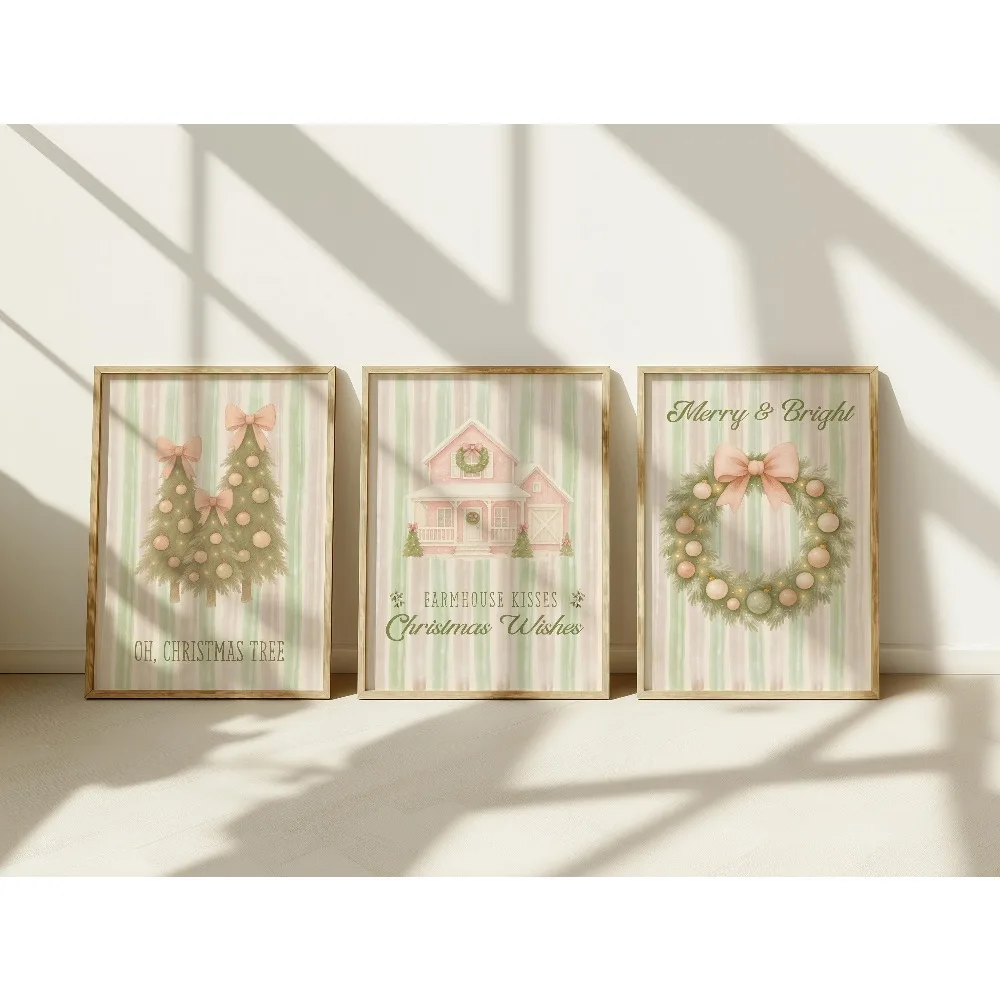 Frameless,Pink Farmhouse Christmas,Trees,Farmhouse,Wreath Christmas Decoration,Digital Download,Living Room Bedroom Wall Art