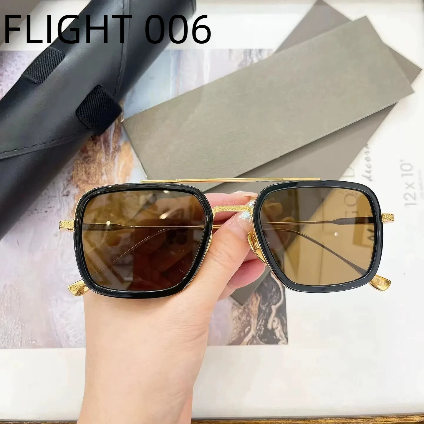 

New DT DTS006 FLIGHT 006 UV400 Polarized Brown Lenses Womens Sunglasses Top Quality Gold Alloy Frame Men's Sun Glasses With Box