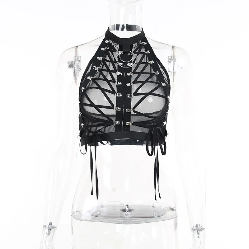 Gothic Punk Bandage Ring Lace Up Crop Tank Top y2k Traf Mesh Exotic Vintage Women Vest Sexy Hollow Out Backless Caims