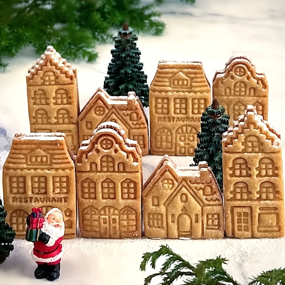 4Pcs Gingerbread House Cookie Cutter Molds 3D Embossed Town House Biscuit Cutters for Christmas Baking Cake  Holiday Treats