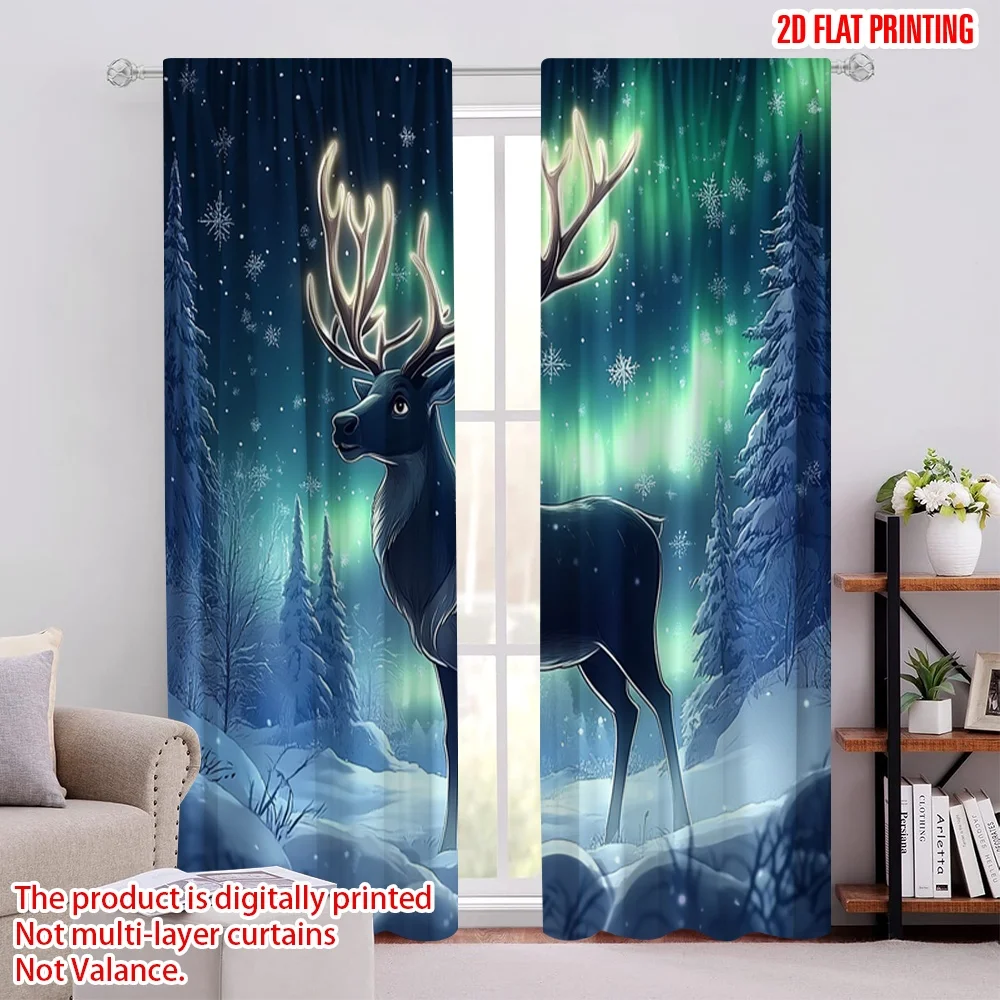 

2pcs 2D flat printing Merry Christmas Popular Window Curtains elk3 Polyester Without Electricity Spring for Indoor Celebrations