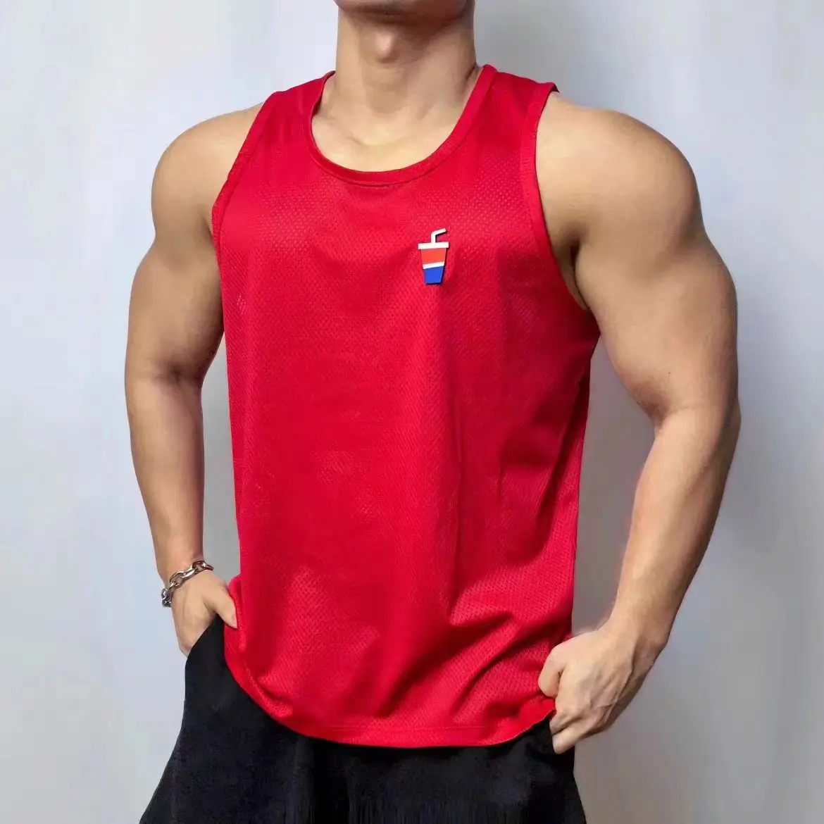 Man Red Breathable Embroidered Mesh Sports Vest Cool Muscle Loose fitness Singer Dance Stage Performance tank Top