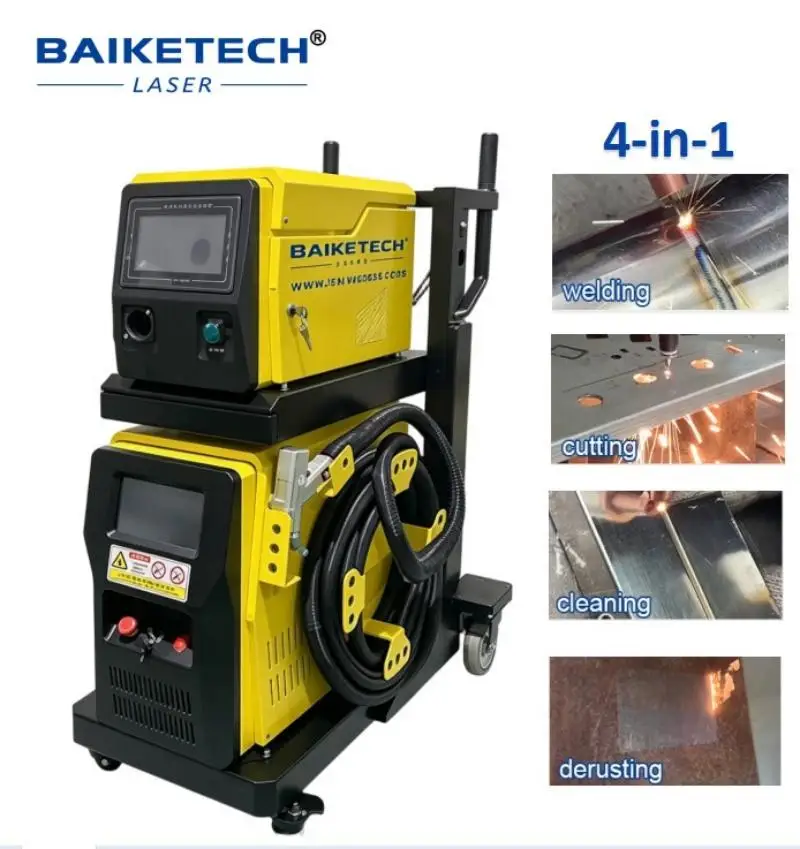 4 in 1 Handheld Fiber Laser Welding Machine with Integrated Wire Feeder & Welding Unit, Movable Trolley for Convenient Transport