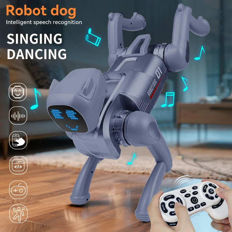 Rc robô cão bonito expressão lâmpada inteligente mecânico cão voz diálogo cão robô brinquedos controle app filhote de cachorro robôs crianças presentes
