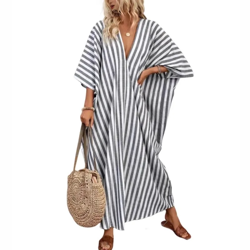 

Loose Casual Striped Print Dress for Women 2026 Summer V-neck Half Sleeve Plus Size Maxi Dresses Oversize Vacation Vestidos