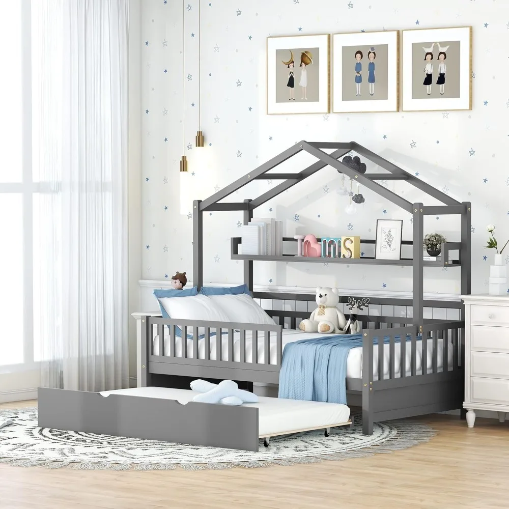 

House Bed with Trundle and Storage Shelves Kids Twin Size Montessori Bed with Fence Rails Wood Playhouse Tent Beds Frame