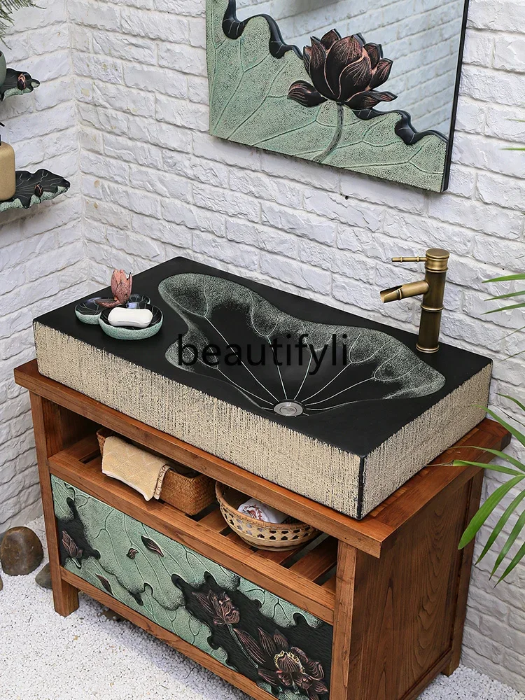 

ss Creative new Chinese antique wash basin bathroom household table basin retro square lotus wash single basin