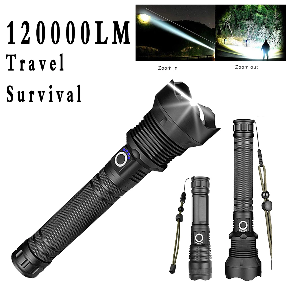 120000 High Lumens LED Rechargeable Tactical Laser Flashlight Outdoor Lighting Waterpoof Climbing Camping COB Zoomable Light