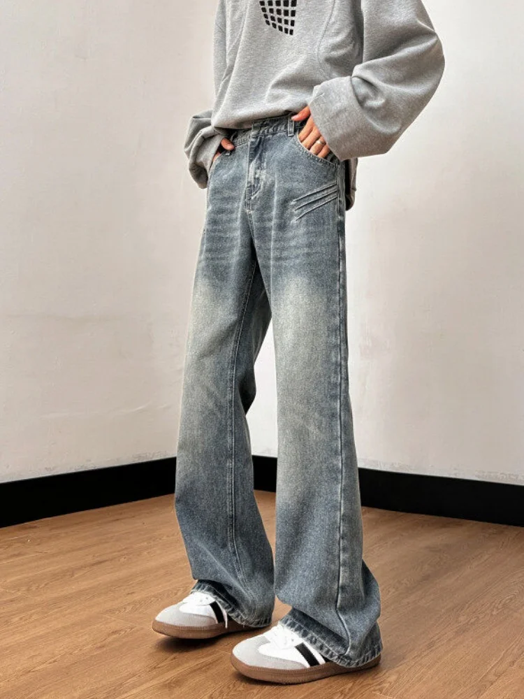 

Мужские джинсы в стиле ретро, синие, весенние, в американском уличном стиле, зауженные, прямого кроя, с эффектом потертости, молодежные, модные