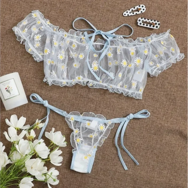 Sexy Women\'s Underwear Lace Floral Wire Free Lingerie Set Off-Shoulder Small Chest Bralette+Thong Beachwear Transparent Bra Set