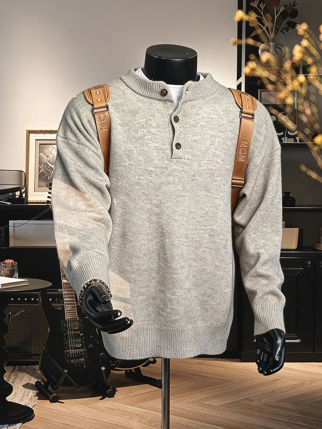 

Мужской вязаный свитер Henry Collar: осенне-зимняя коллекция, для ношения как поддевка или верхняя одежда, свободный крой, мягкий и комфортный, с длинными рукавами.