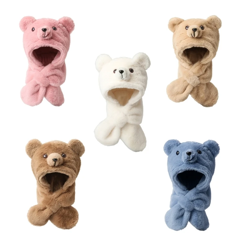 Preschoolers Bear Themed Hat with Scarf Soft Warm Winter Hooded Scarf with Hat
