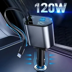 Retractable Car Charger 4 in 1 Fast Charging 100W USB Type C Car Phone Charge For iPhone 15 14 Xiaomi Samsung iPad Laptop Tablet