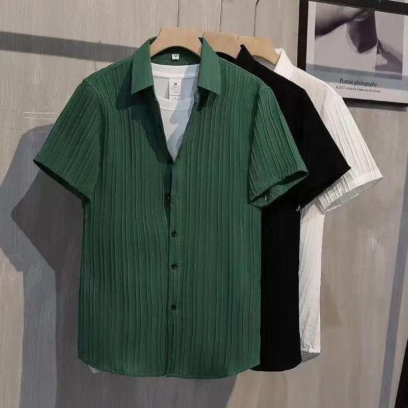 

Men's Solid Stripes Lapel Short Sleeve Shirt Casual Breathable Slim Easy-care Cardigan Quick-dry Comfortable Simple Half Sleeve