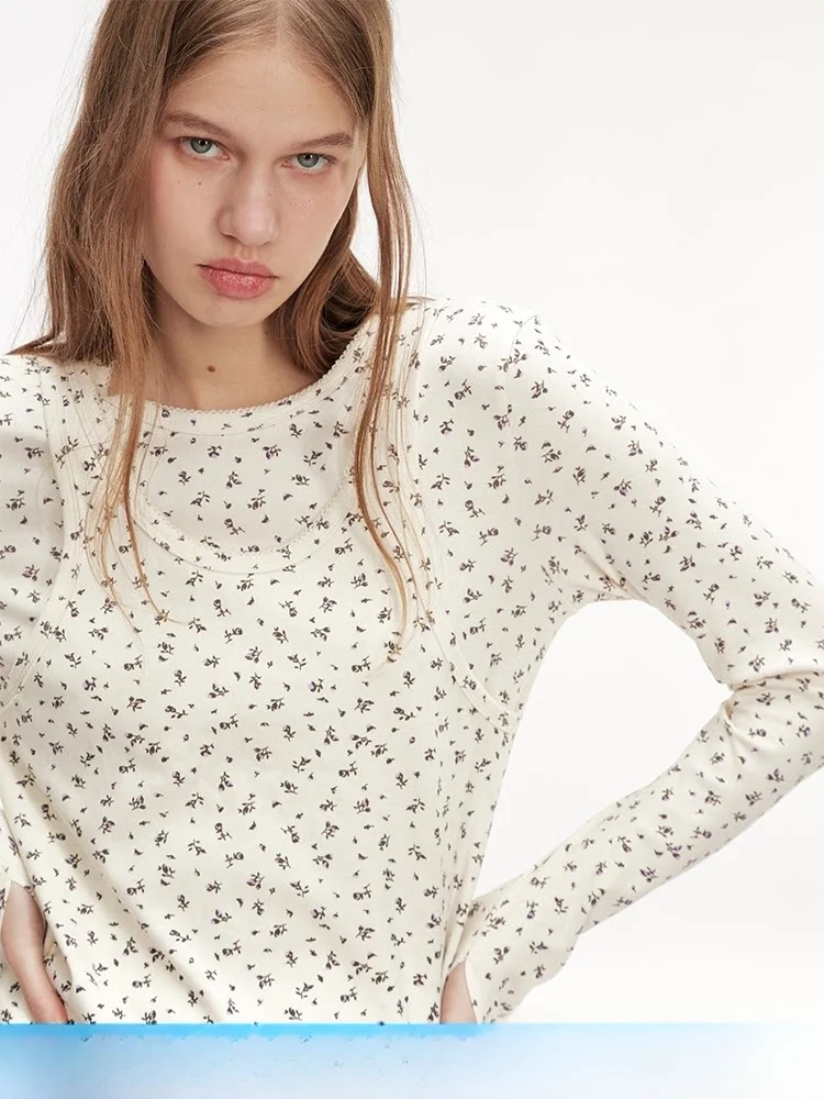 

Floral Print Long Sve round Ne T-irt Base Layer Spring Faion New Sle Versatile DNT Korean Fire Fire Girl's Top