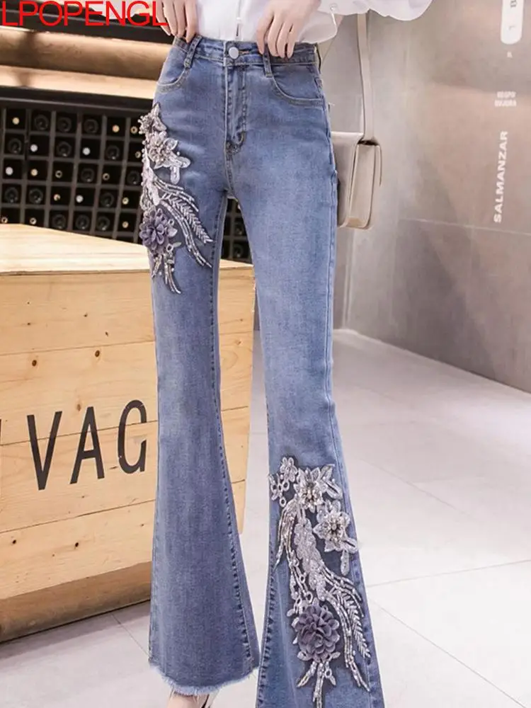 

Temperament Heavy Industry Embroidered Beaded Cowboy Micro Pull Pants 2025 New Women's Clothing Autumn High Waist Flare Pants