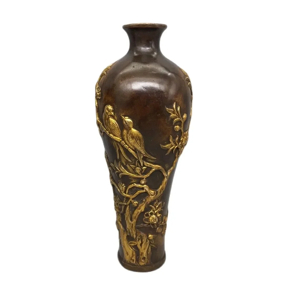 

Height 22CM!!! Collection 1 Piece Chinese Old Copper Handmade Gilt Gold Bird Vase,High Quality Home Art Decoration Metal Crafts