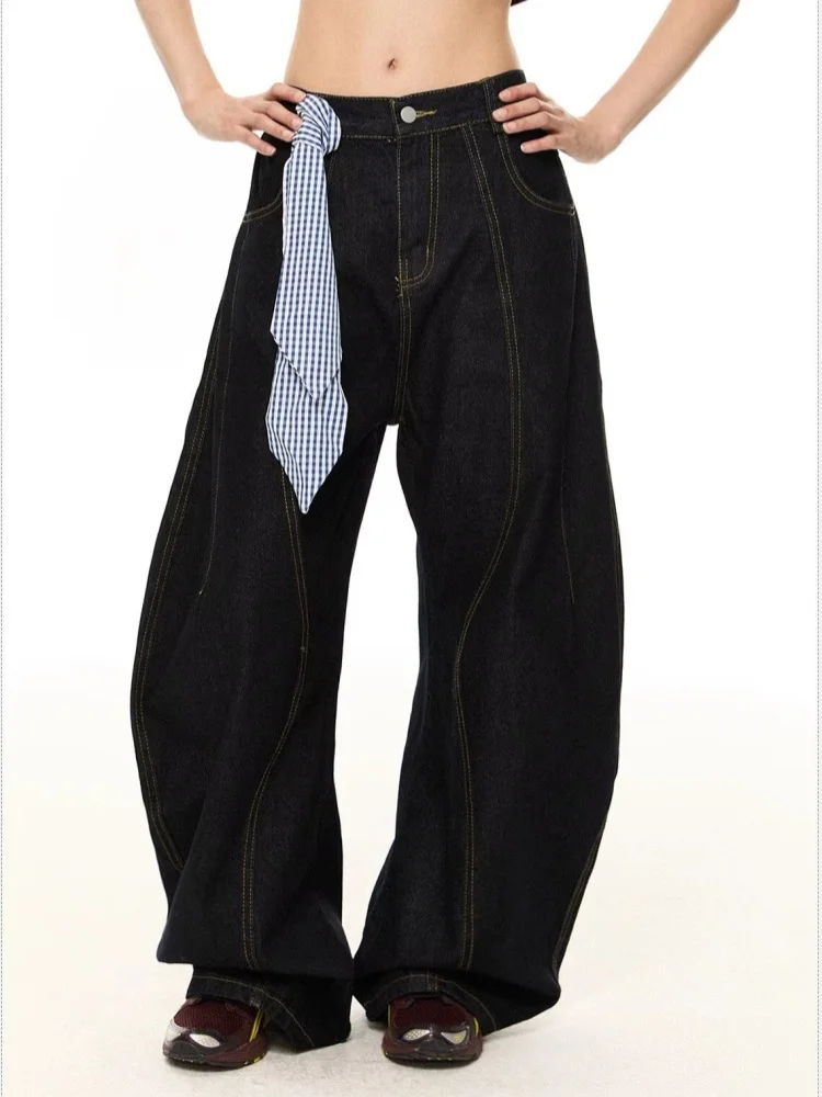 

2025 Ropa Y2K Стиль Темно-Синие Лоскутные Мешковатые Джинсы Брюки Для Женщин Одежда Широкие Готические Женские Джинсовые Брюки Pantalon Femme