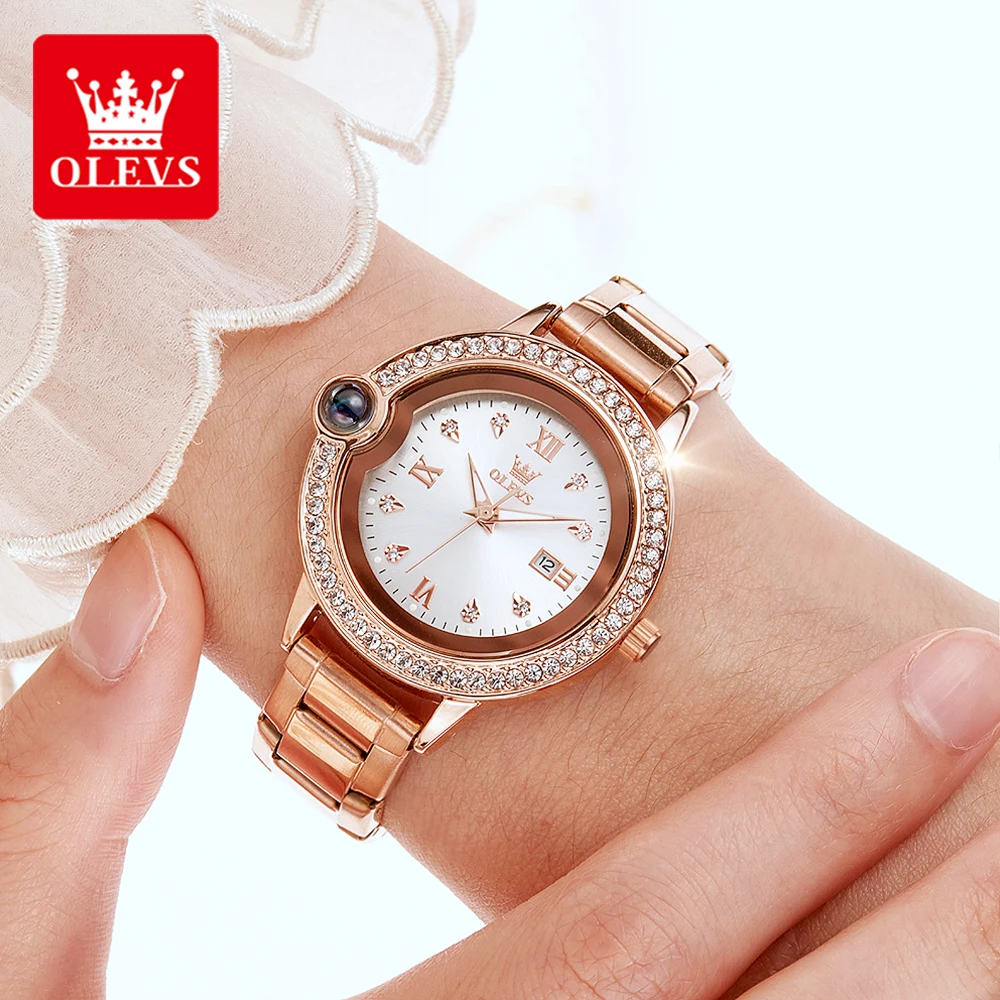 OLEVS 5588 럭셔리 여성용 시계, 우아한 방수 자동 날짜 다이아몬드 베젤, 스테인레스 스틸 스트랩, 오리지널 쿼츠 여성용 시계