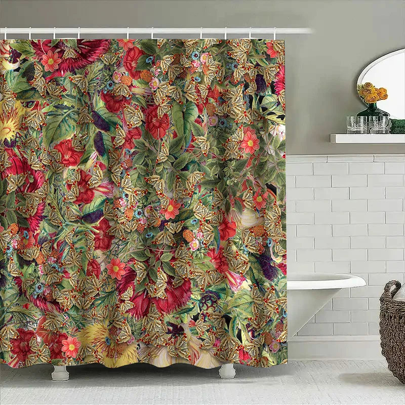 Luxurious Floral Shower Curtain with Butterflies Bathroom Decor for Home Kitchen, Waterproof Fabric in Red, Green, Pink Yellow C - view 4