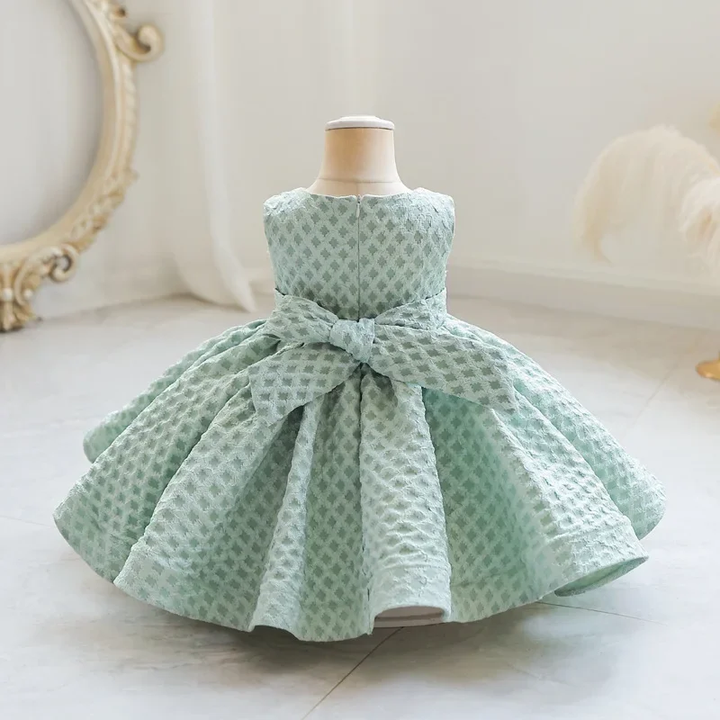 Super Sweet Solid Plaid Flower Bowknot Sleeveless Baby Dress One-piece Kids Evening Birthday Party Outfit For Girls