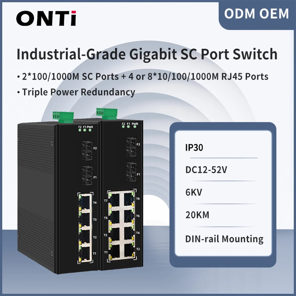 

ONTi 6/10 Ports Industrial-Grade Gigabit 20km SC Port Switch DC12-52V IP30 6KV Lightning DIN Rail Mounted Plug and Play