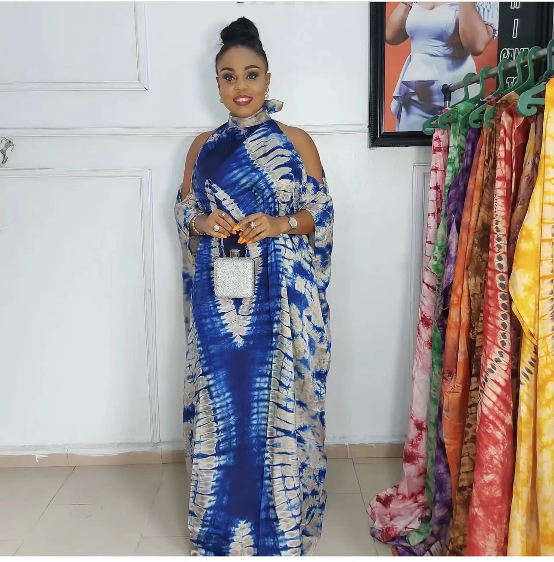 

Free Style African National Characteristics Classic Pattern Chiffon Off-the-shoulder Stand-up Collar Plus Size Dresses