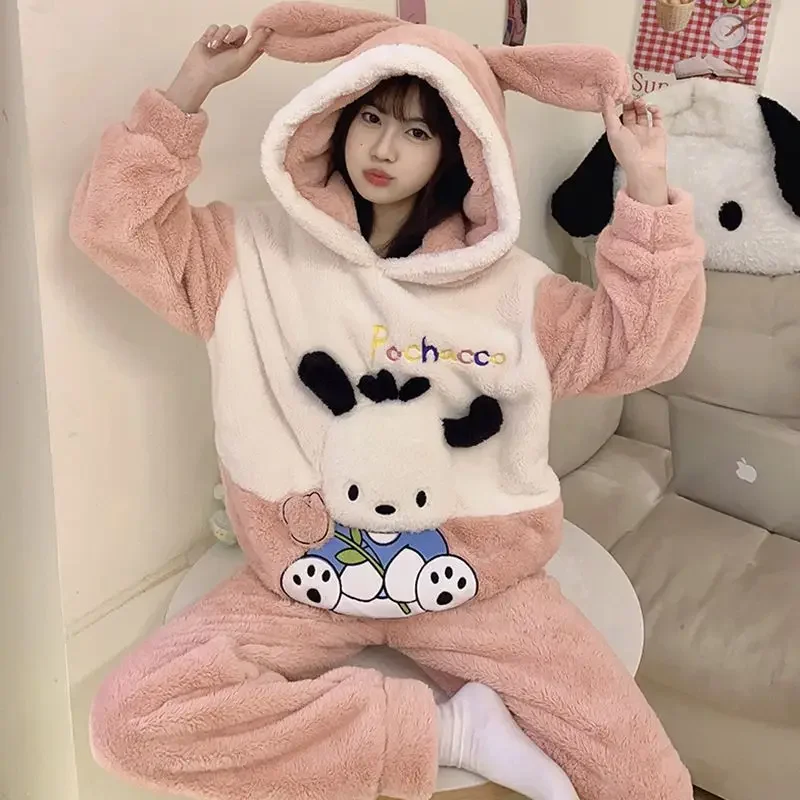 New Autumn Winter Sanrios My Melody Coral Velvet Pajamas Women Kuromi Cinnamoroll Thicken Hooded Cartoon Cute Home Clothes Suit