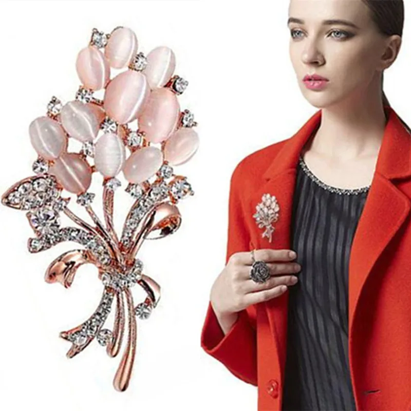 Hot Selling Fashionable Opal Stone Flower Brooch Pin Beautiful Rhinestone Clothes Accessories Women's Corsage Birthday Gifts