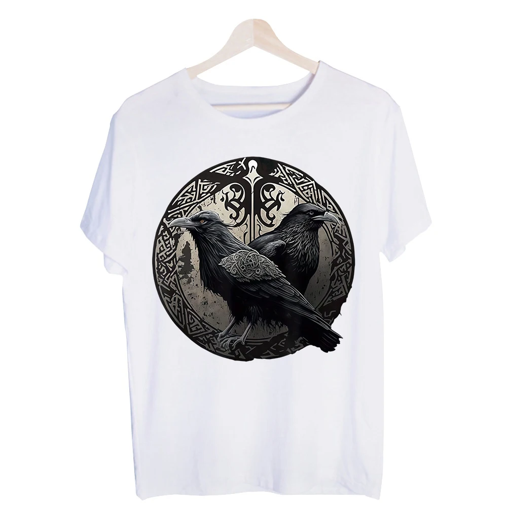 Men's Raven Graphic Tee, Short Sleeve Crew Neck T-Shirt with Norse-Inspired Design for Casual Streetwear and Daily Outfits