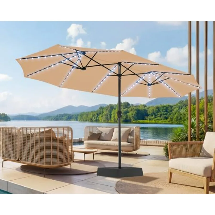 

15Feet Large Patio Umbrella with Base included, Double Sided Outdoor Umbrella with Solar Lights, Pool Umbrella with Fade Resist