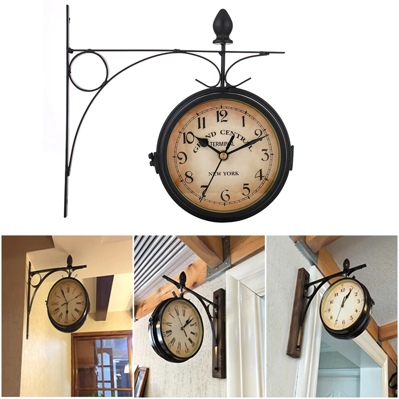 Double Sided Waterproof Wall Clock Retro Wrought Iron Metal Wall Clock Silent Indoor Outdoor Home Garden Wall Clock Decoration