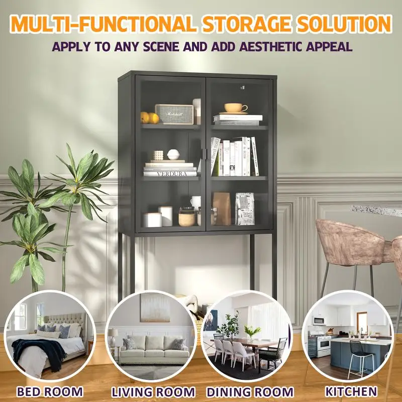 헤비 듀티 메탈 수납 캐비닛, 유리문이 있는 높은 책장, 2개의 조절 가능한 선반, 가정 및 사무실용 모던 사이드보드