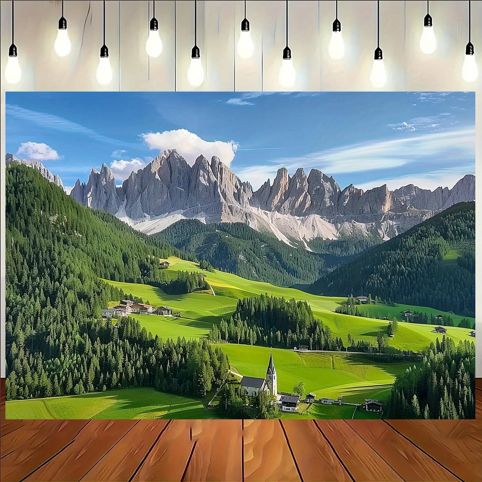 Tela de fondo con paisaje de Alpes y Dolomitas suizas: poliéster, sin energía requerida, ideal para fotografía, vídeo y fiesta