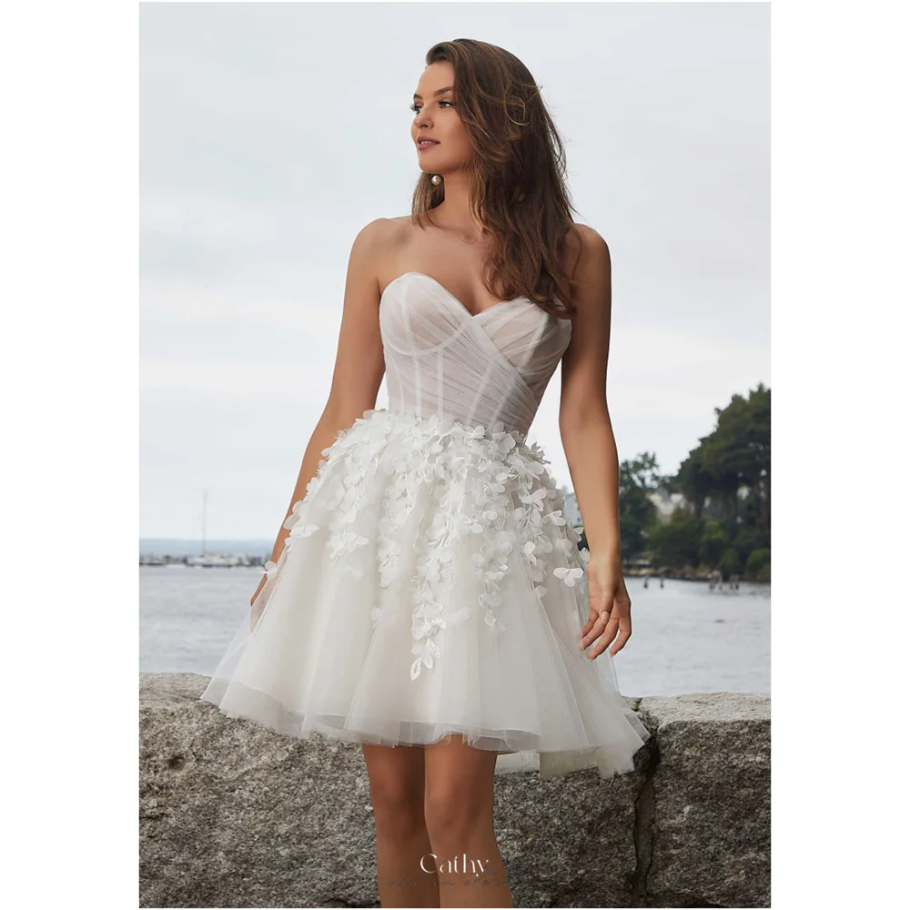 

Cathy White Mesh Fabric Three-Dimensional Lace Wedding Dress Women Heart-Shaped Neckline فساتين سهرة Sleeveles vestidos de noiva