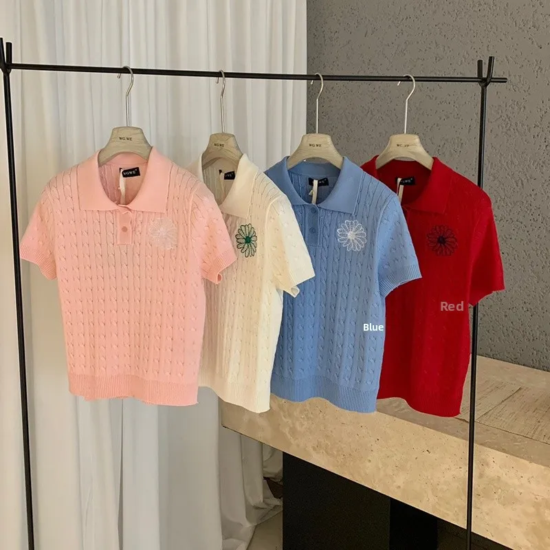 Daisy Embroidered Knitted Short Sleeve T-Shirt Soft Comfortable Daily Wear for Ladies Summer Fashion Casual Style