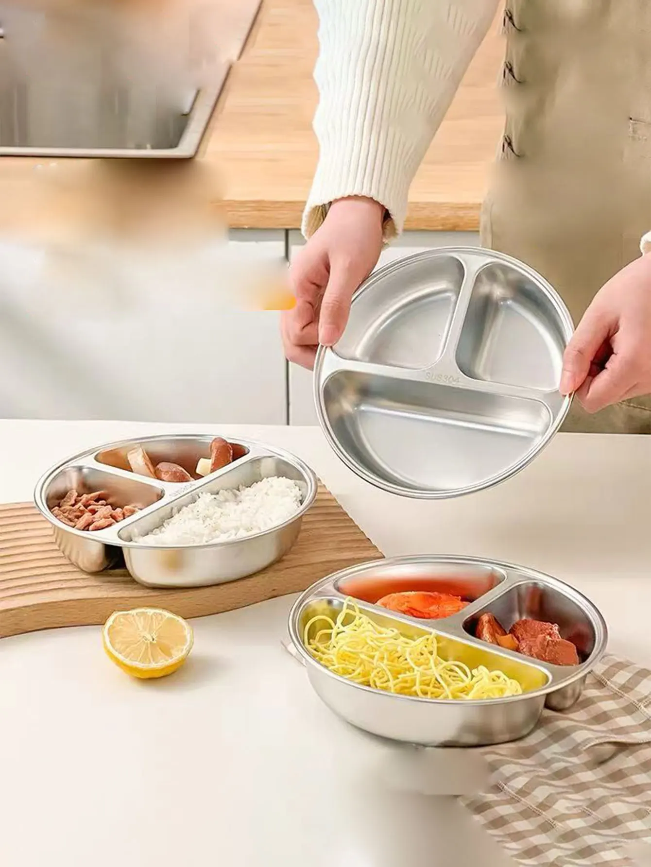 Three-Compartment Steaming Tray for Baby Food, Steaming Pan, Frying Pan, One Pot with Divided Steaming Compartments, 304 Stainless Steel Steaming Bowl, 1 Piece
