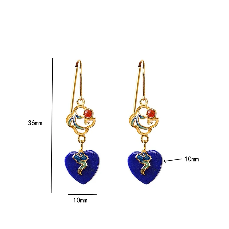 Really s925 Silver Gold-plated Burnt Blue Heart-shaped Lapis Lazuli Earrings For Women With Retro Temperament High-end Jewelry