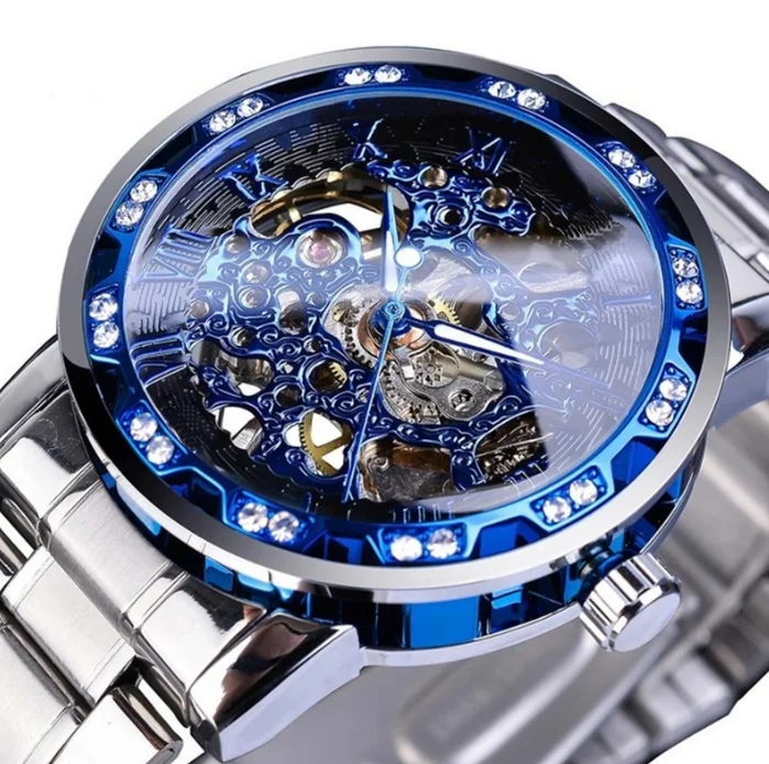 Fashionable and Casual Diamond Inlaid Hollow Design Manual Mechanical Watch Multifunctional Men's Trendy Business Watch