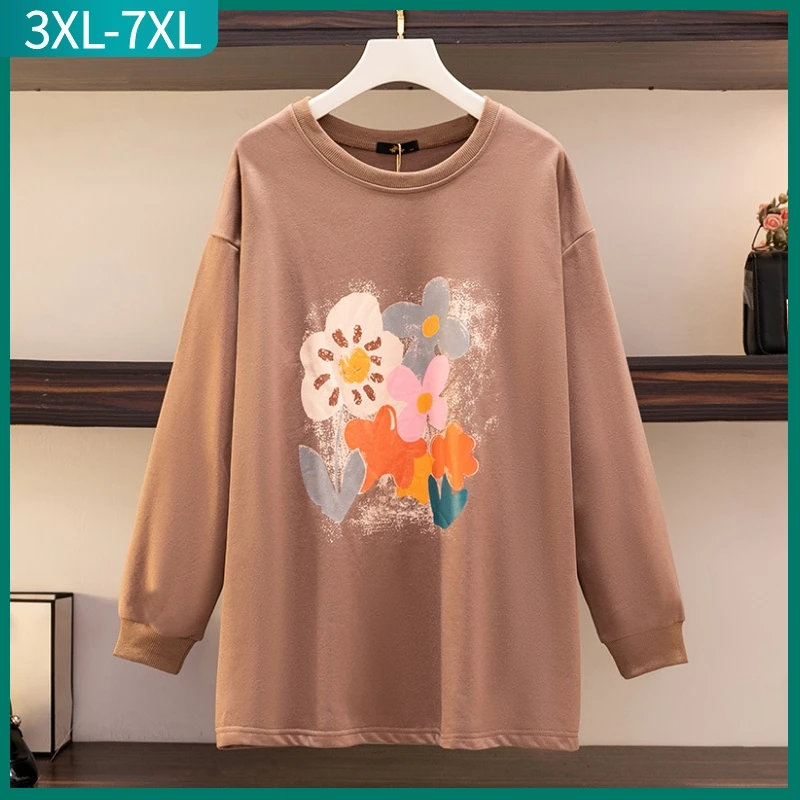 New 2023 Spring Autumn Plus Size Tops For Women Large Size Long Sleeve Loose Thick Cotton Print T-shirt 3XL 4XL 5XL 6XL 7XL