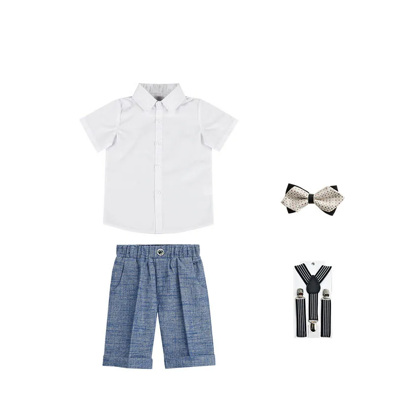 Flower Boys Formal Birthday Party Set Kids Shirt Short Strap Bowtie 4Pcs Photograph Suit Children Wedding Performance Costume