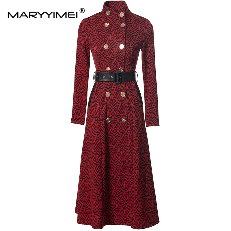 MARYYIMEI Autumn and Winter Women\'s dress Stand Collar Long-Sleeved Single-Breasted Sashes Slim Fashion Streetwear Dresses