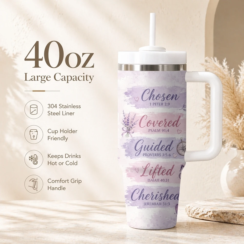 Christian Faith Floral Vacuum Flasks 40oz Portable Stainless Steel Tumbler with Handle Straw Double Wall Insulated Leakproof Mug