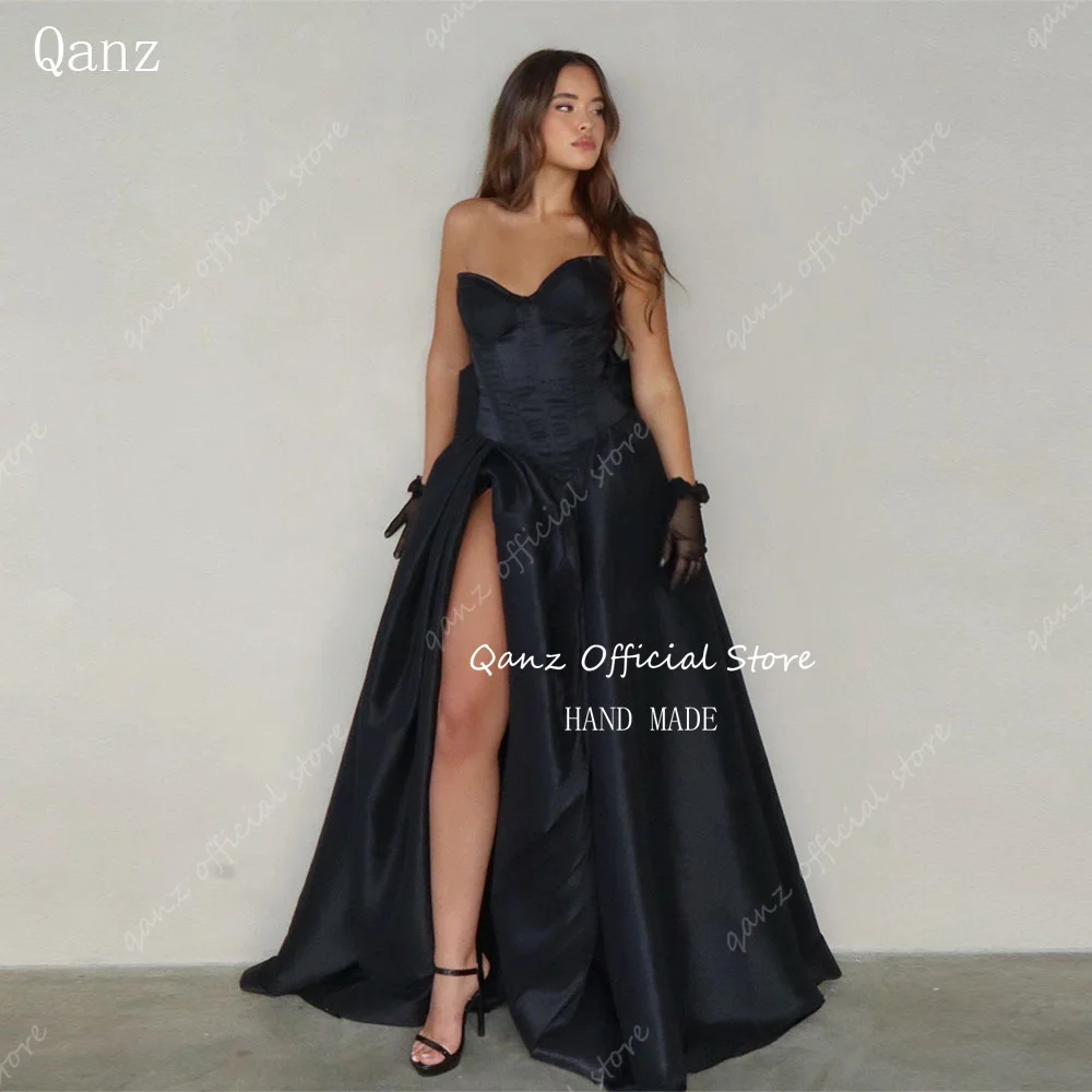 

Qanz Elegant Black Evening Dresses High Slit Satin Sweetheart A Line Prom Dress Backless With Bow Robes De Soirée Customized