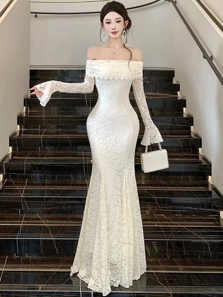 

2026 White Lace Jacquard Chic Ruffled Luxury Long Dress Autumn Winter Elegant Slash Neck Sexy Dress Women Korean Bodycon Dresses