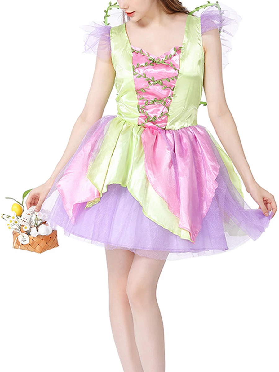 Women Flower Fairy Costumes Elegant Dresses Wings and Headbands Set for Halloween Cosplay Role-Playing Party Outfits